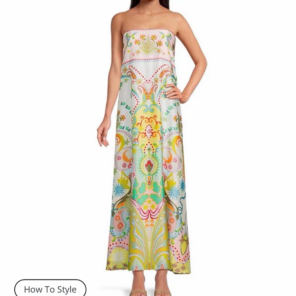 ANTONIO MELANI Strapless Maxi Dress in Mint, Yellow & Coral Paisley